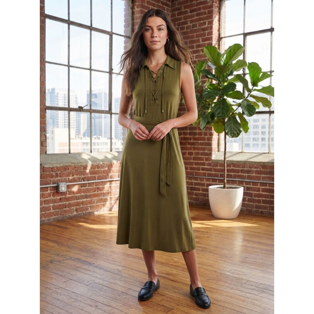 MICHAEL Michael Kors Sleeveless Lace-Up Maxi Dress - Size Medium - Smoky Olive